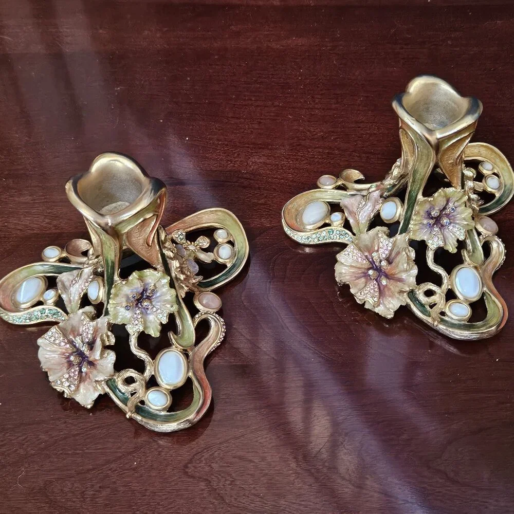 RARE 2 JAY STRONGWATER FLORA & FAUNA BLUSH ENAMEL CRYSTAL TAPER CANDLE HOLDER